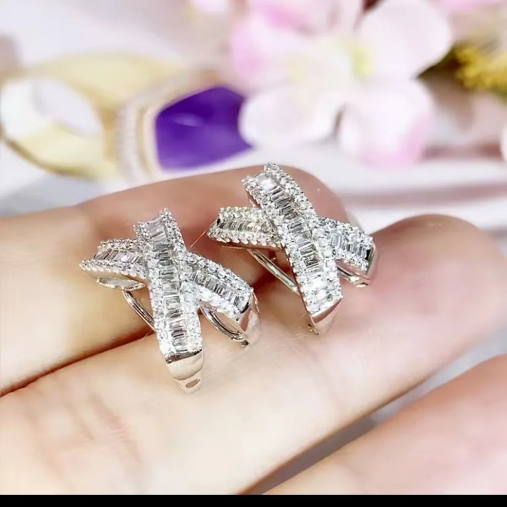 Neiman Marcus 18k White Gold Plated CZ Bagette Crossover Earrings - Picture 3 of 4